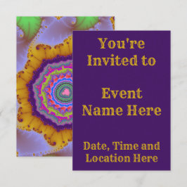 Convite Aniversário Fractal Colorido Dourado e Roxo