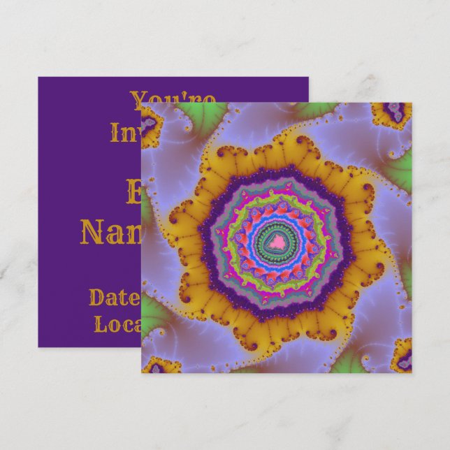 Convite Aniversário Fractal Colorido Dourado e Roxo (Frente/Verso)