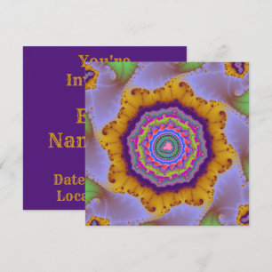 Convite Aniversário Fractal Colorido Dourado e Roxo