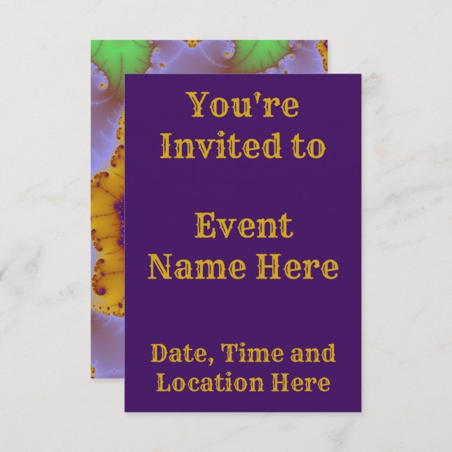 Convite Aniversário Fractal Dourado e Roxo Colorido (Frente/Verso)