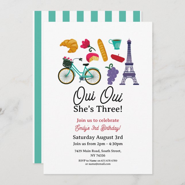 Convite Aniversário Francês Paris Oui Oui Três Raparigas (Frente/Verso)