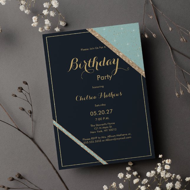 Convite Aniversário geométrico do ouro azul escuro (Dark blue teal gold glitter geometric Birthday Invitation )