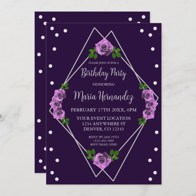 Convite Aniversário Geométrico do Rosa Roxo (Frente/Verso)