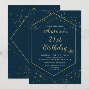 Convite Aniversário Geométrico Dourado Azul do Marinho M