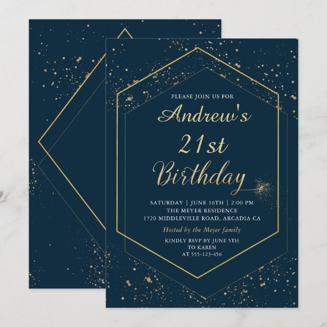 Convite Aniversário Geométrico Dourado Azul do Marinho Mod (Frente/Verso)