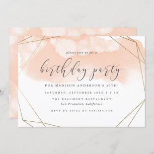 Convite Aniversário Geométrico Dourado de Cor de Água Rosa