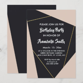 Convite Aniversário geométrico preto-rosa e ouro