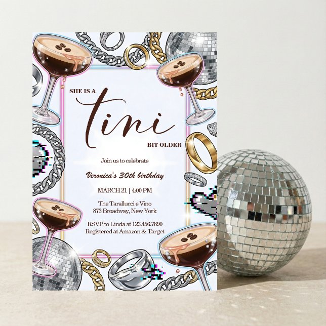 Convite Aniversário Glam Tini Bit Older Espresso Martini (A Tini Bit Older Espresso Martini Disco Glam Neon Party - birthday party invitation)