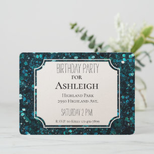Convite Aniversário Glitter Azul Azul-Teal