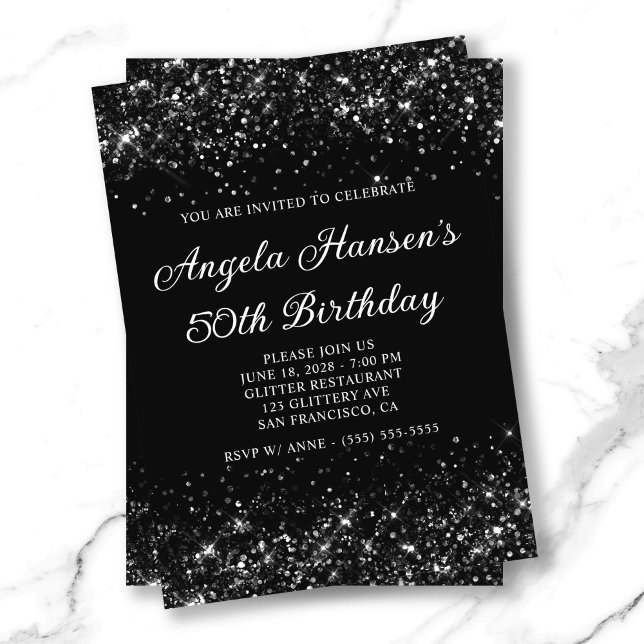 Convite Aniversário Glittery Black 50th (Glittery Black 50th Birthday Invitation)