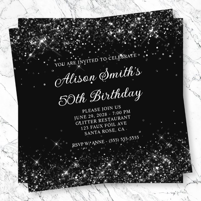 Convite Aniversário Glittery Black 50th (Glittery Black 50th Birthday Invitation)