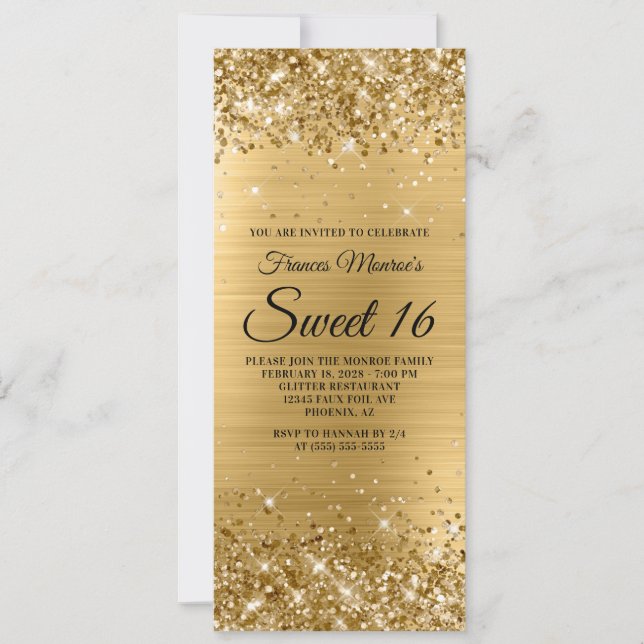 Convite Aniversário Glittery Gold Foil Sweet 16 (Frente)