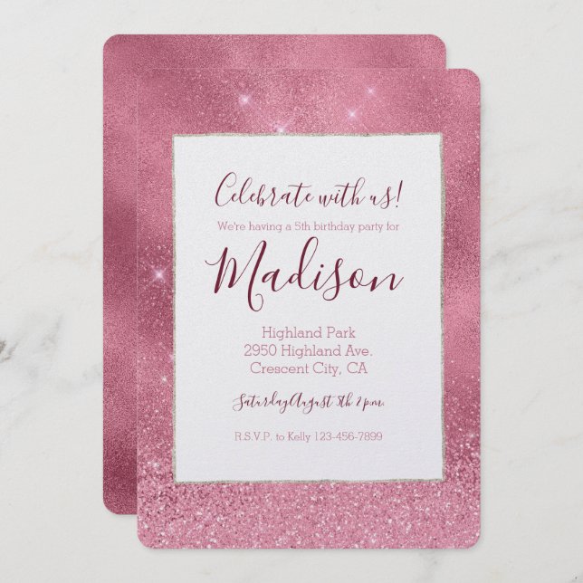 Convite Aniversário Glitz Rosa (Frente/Verso)