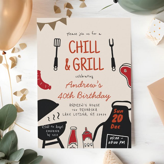 Convite Aniversário Hand Drawn BBQ Chill e Grill (Criador carregado)