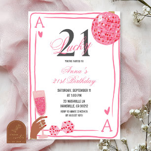 Convite Aniversário Hand Drawn Casino Rosa Lucky 21