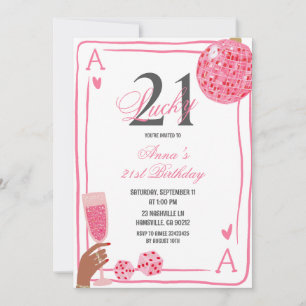 Convite Aniversário Hand Drawn Casino Rosa Lucky 21
