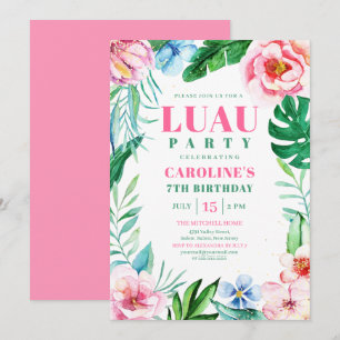 Convite Aniversário havaiano floral cor-de-rosa tropical