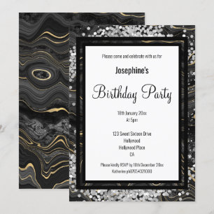 CONVITE ANIVERSÁRIO HOLÓGICO NEGRO ELEGANTE DOURADO