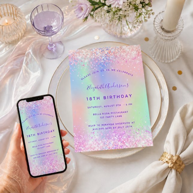 Convite Aniversário holográfico rosa roxo (Criador carregado)