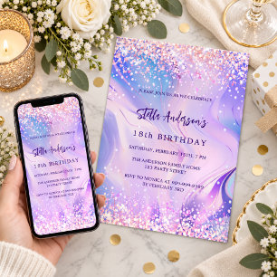 Convite Aniversário holográfico rosa roxo