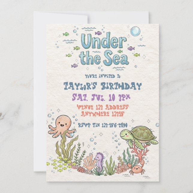 Convite Aniversário Ilustrado Fofo Debaixo do Mar (Frente)