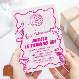 Convite Aniversário Ilustrado Rosa Quente Ondulado Retro M