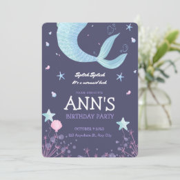 Convite Aniversário Infantil Sereia Aquarela Rosa Roxo