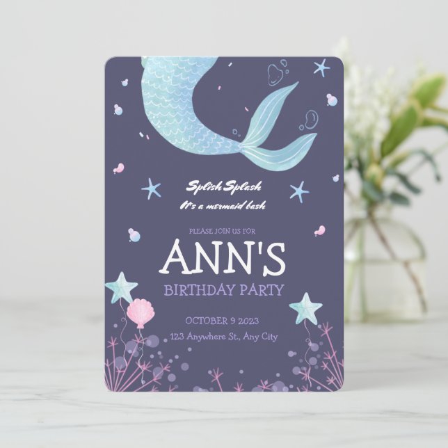 Convite Aniversário Infantil Sereia Aquarela Roxo Rosa (Em pé/Frente)