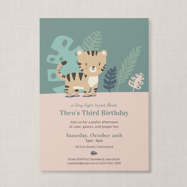 Convite Aniversário Infantil Tiny Tiger Soft Jungle Safari (Tiny Tiger - Jungle Safari Kid's Birthday Invitation)