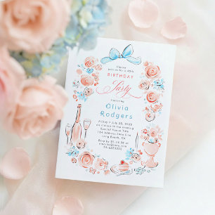 Convite Aniversário Laço Coquette Desenhado à Mão Floral C