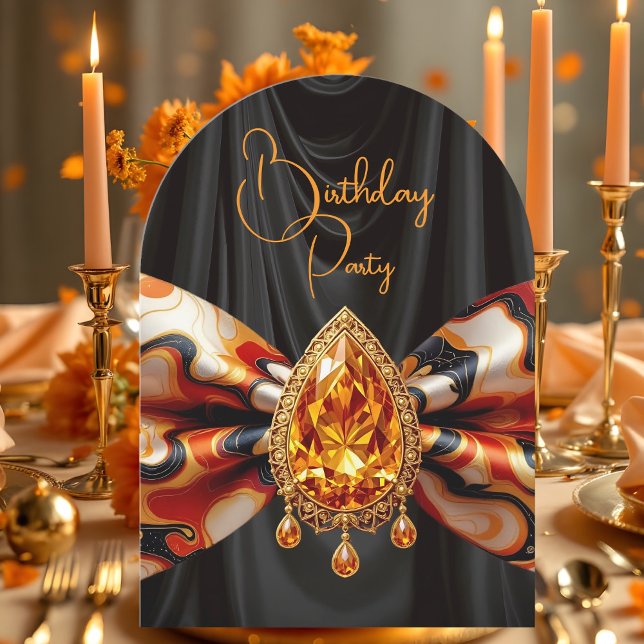 Convite Aniversário Laranja 1960 Arco de humor Dourado Joi (Criador carregado)