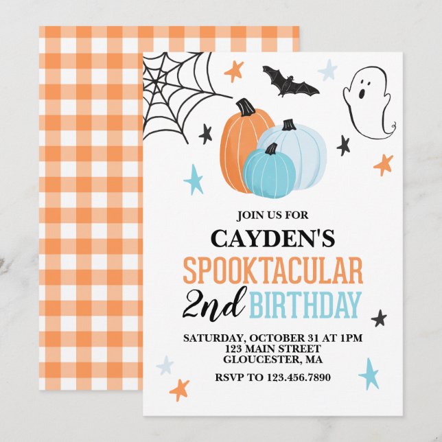 Convite Aniversário laranja turquesa Halloween Spooktacula (Frente/Verso)