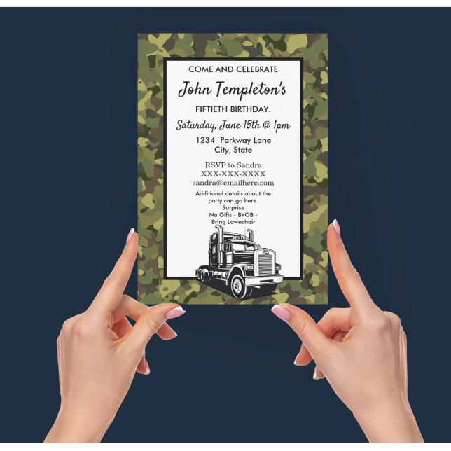 Convite Aniversário Legal do camionista Camo Camo (Truck driver camouflage birthday invitation. Customize for any age.)