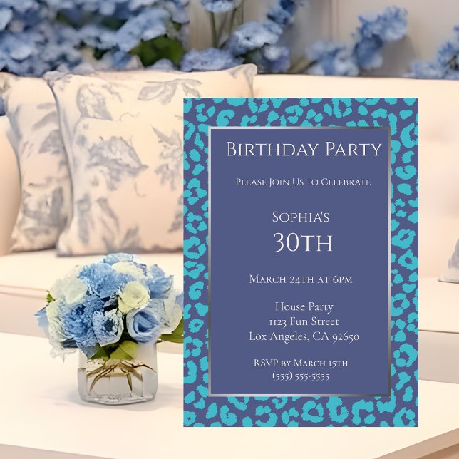 Convite Aniversário-Leopardo-Azul-Azul-Azul (Birthday-Leopard Pattern-Blue-Birthday Invitation )
