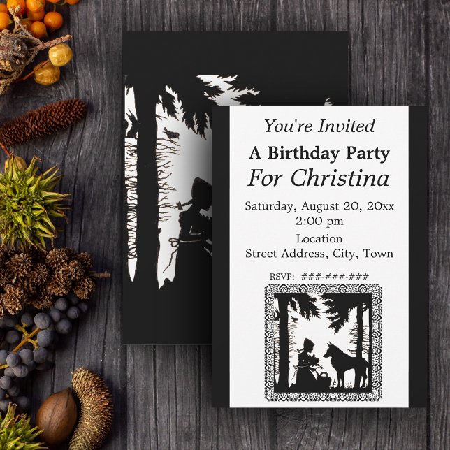 Convite Aniversário Lobo de Capuchos Vermelho Negra (Little Red Riding Hood Wolf in black and white on Birthday party invitations.)