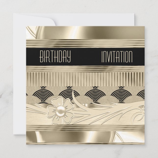 Convite Aniversário Luz Preta Dourado Art Déco (Frente)