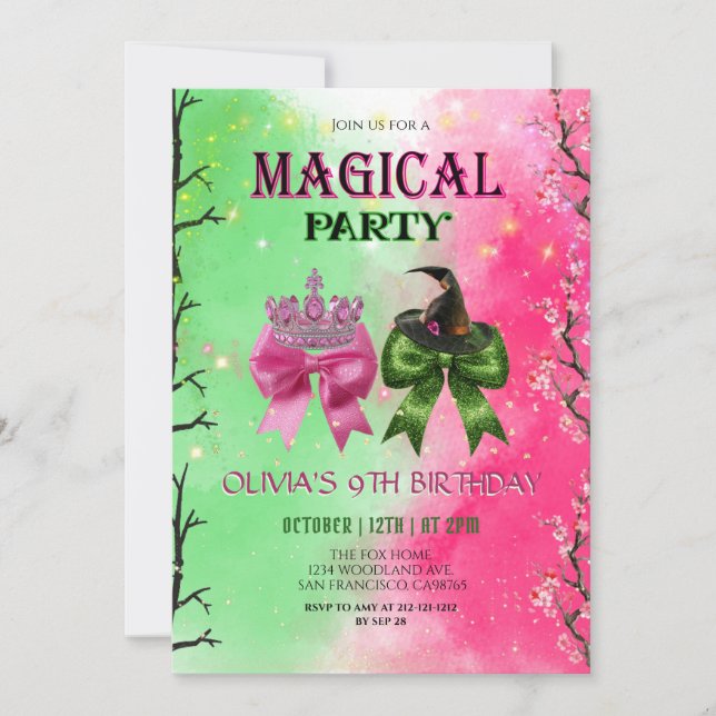 Convite Aniversário Mágico de Bruxa Rosa e Verde (Frente)