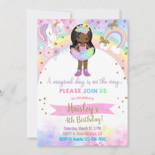 Convite Aniversário mágico de menina afro-americana unicór