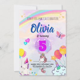 Convite Aniversário Mágico de Unicórnio com Arco-íris Colo