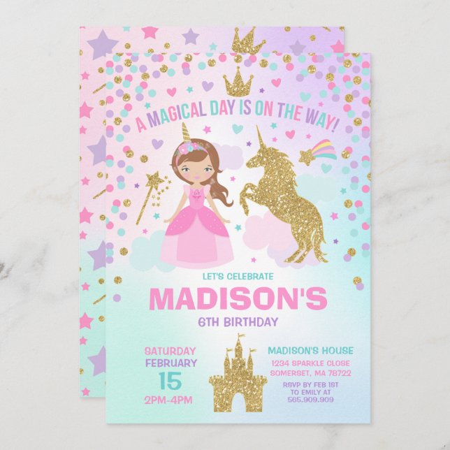 Convite Aniversário Mágico do Unicórnio e da Princesa (Frente/Verso)