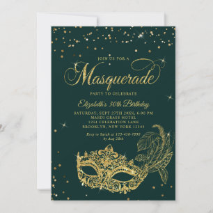 Convite Aniversário Máscara Verde Dourado Brilhante