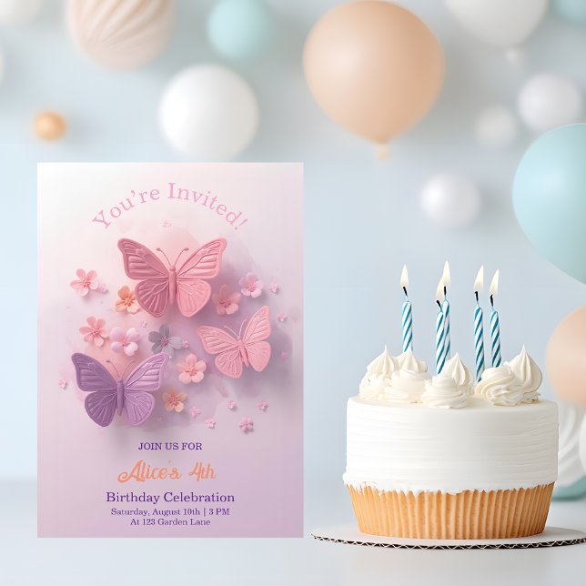 Convite Aniversário Menina Borboleta 3D Rosa Roxo (Criador carregado)