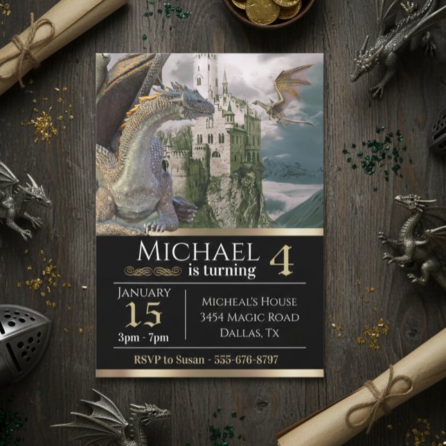 Convite Aniversário Metálico do Castelo Medieval do Dragão (Criador carregado)