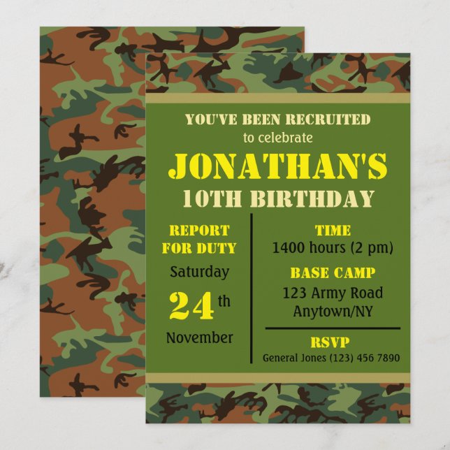 Convite Aniversário Militar de Qualquer Idade (Frente/Verso)