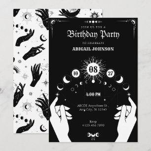 Convite Aniversário místico de Boho Moon preto e branco