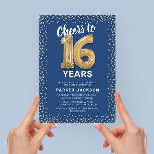 Convite Aniversário Moderno de 16 anos Azul Dourado