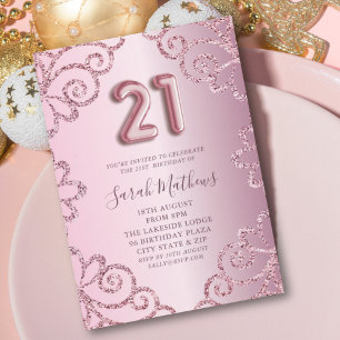 Convite Aniversário Moderno de 21 anos com Brilho Rosa