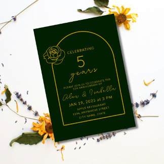 Convite Aniversário moderno de Casamento de 5 verde e Dour