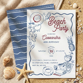 Convite Aniversário Moderno de Praia Azul e Vermelho de Ve