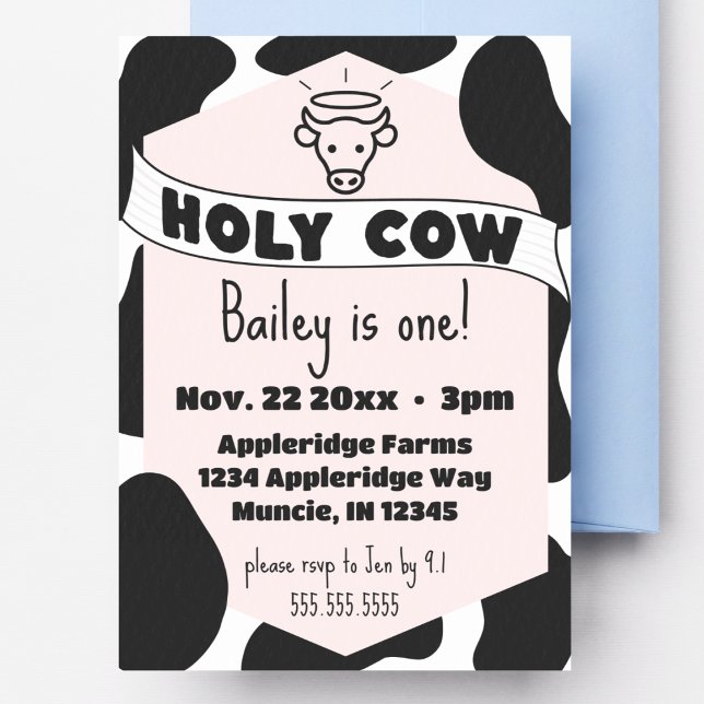 Convite Aniversário moderno do Impressão de Vaca da Santa  (holy cow birthday invitation cute modern custom details pink cow print trendy bday invite)